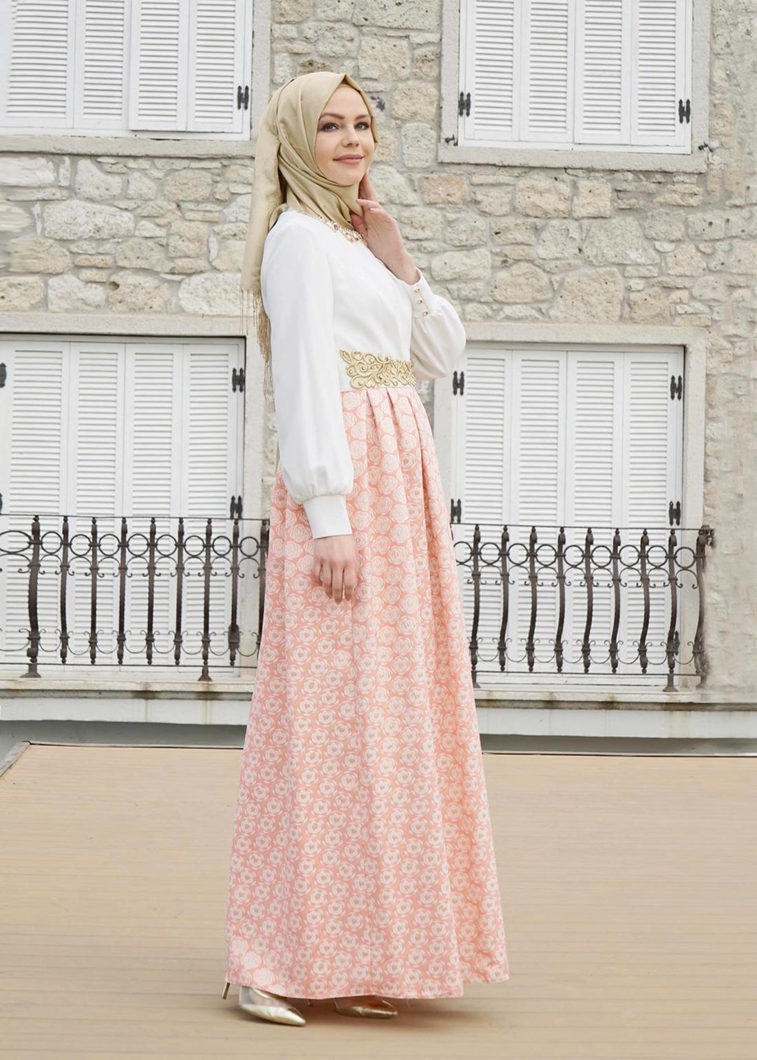 Tesettür giyim PUDRA DESENLİ İŞLEME DETAYLI ABİYE ELBİSE 5073