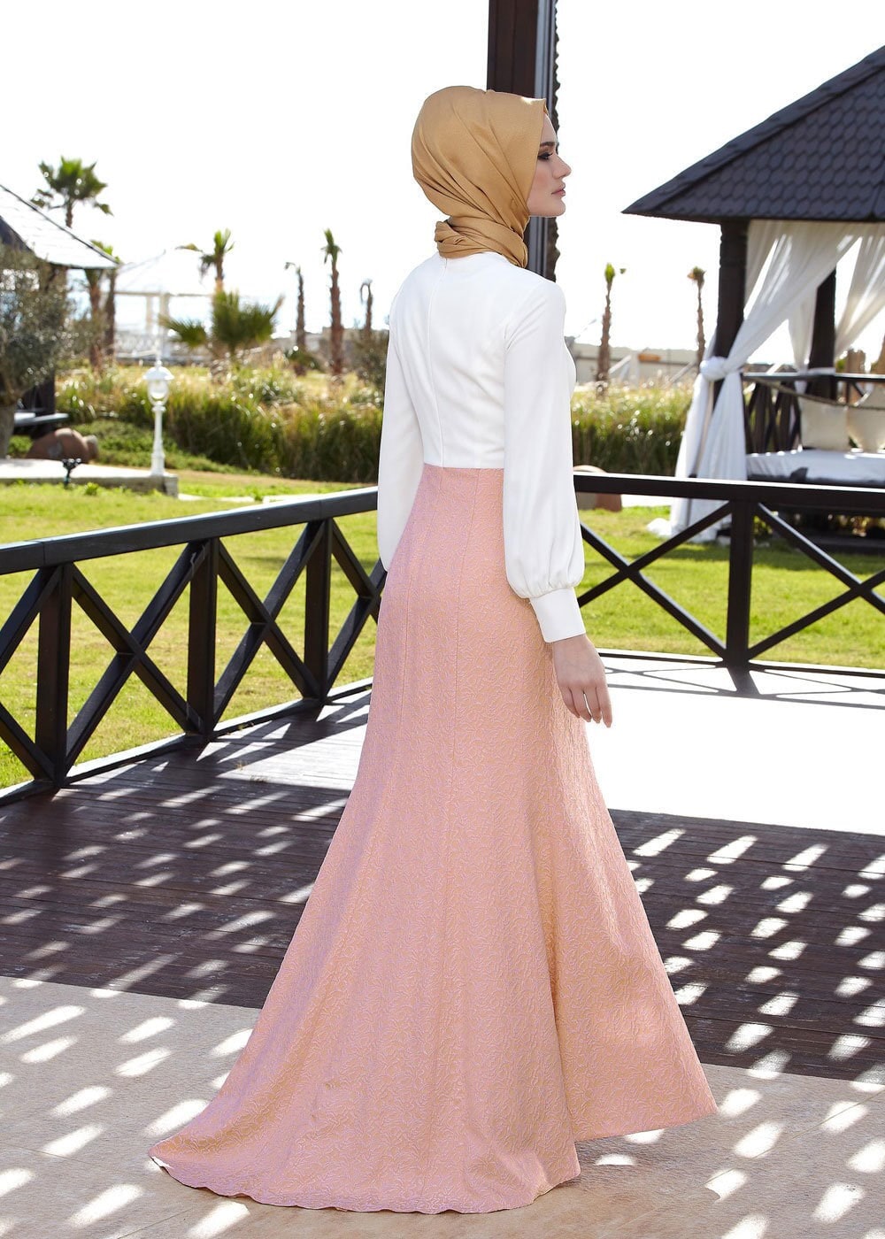 Tesettür giyim PUDRA TAŞ İŞLEMELİ JAKAR ABİYE ELBİSE 5075