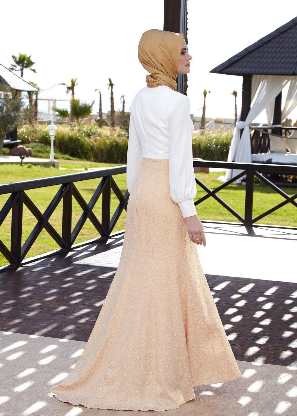 Tesettür giyim PUDRA TAŞ İŞLEMELİ JAKAR ABİYE ELBİSE 5075