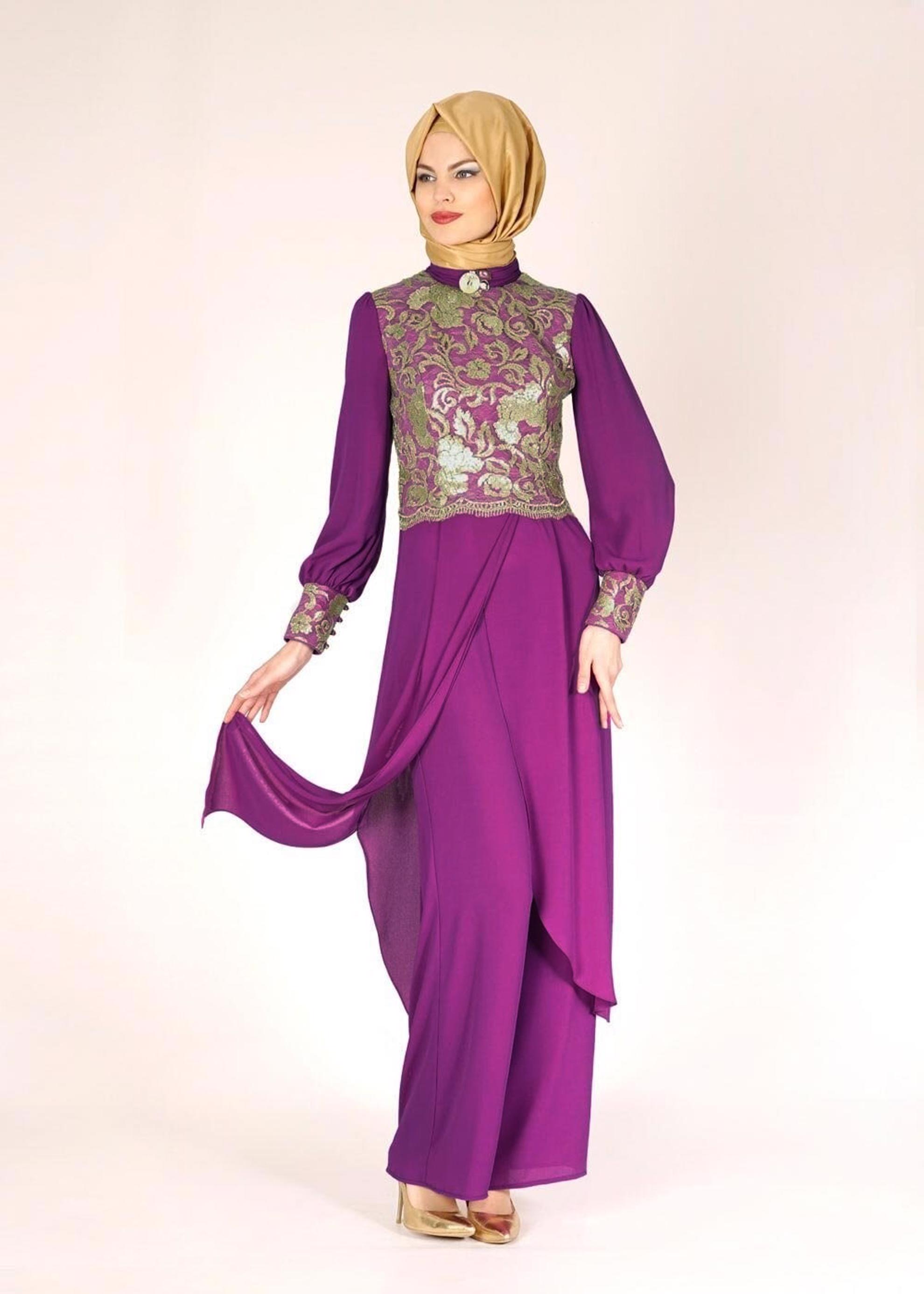 Tesettür giyim MOR İŞLEMELİ PANTOLONLU ABİYE TAKIM 5076