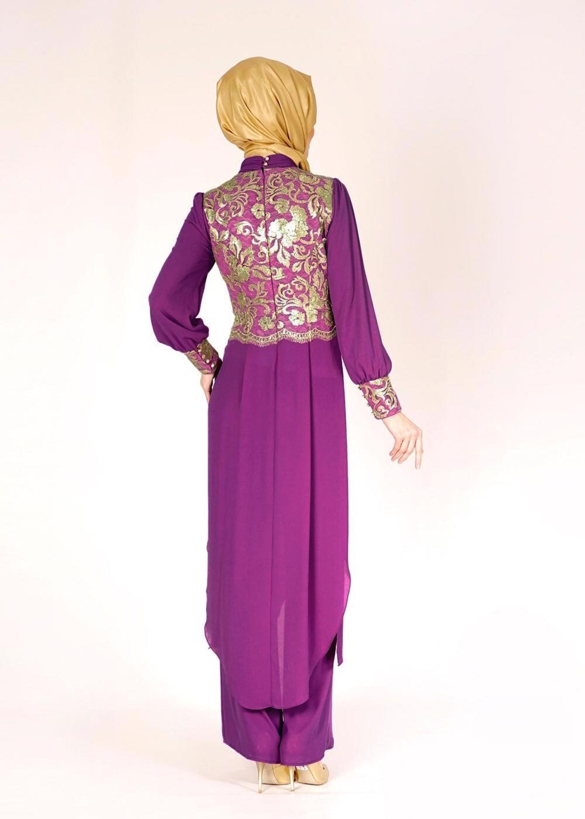 Tesettür giyim MOR İŞLEMELİ PANTOLONLU ABİYE TAKIM 5076