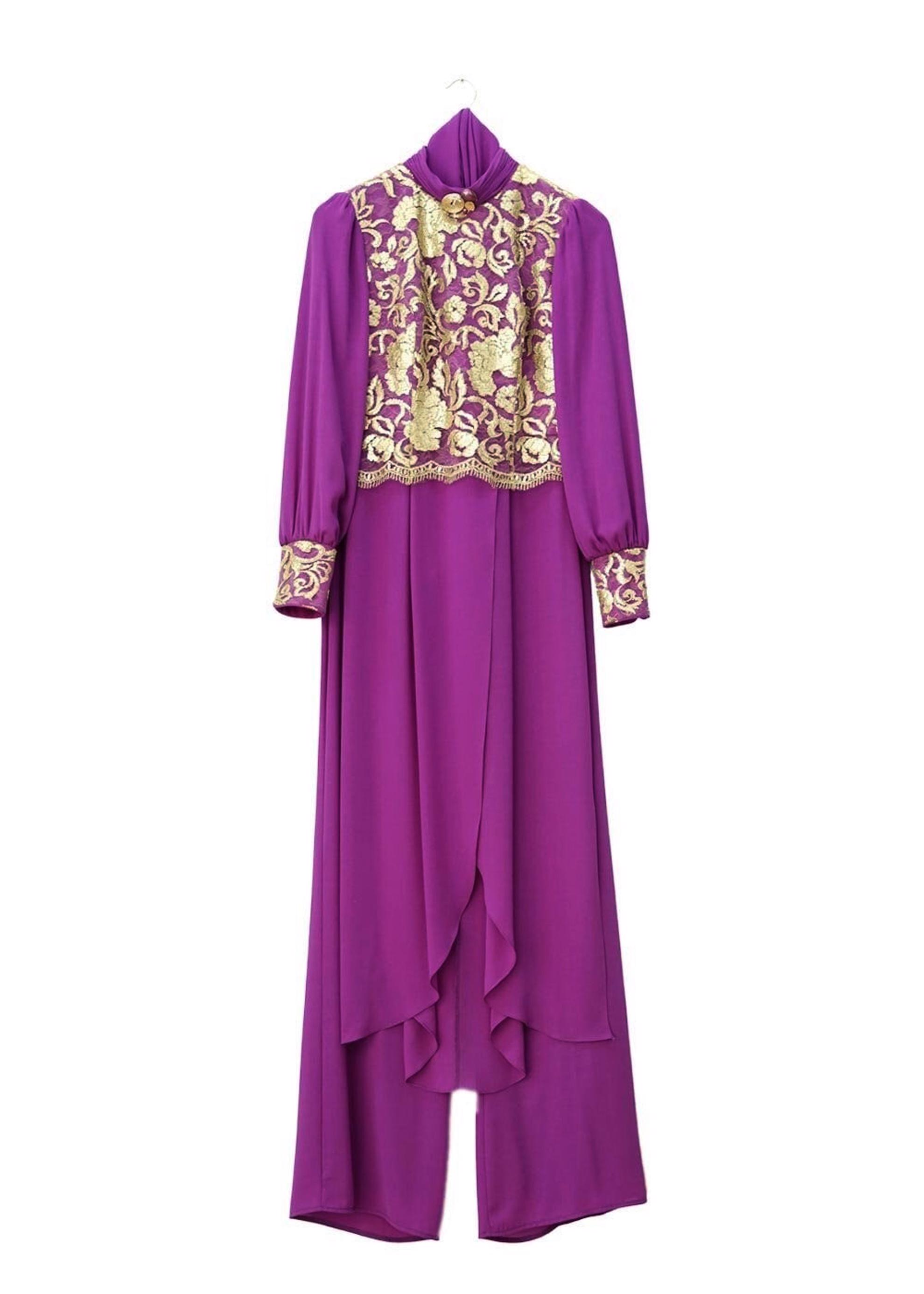 Tesettür giyim MOR İŞLEMELİ PANTOLONLU ABİYE TAKIM 5076