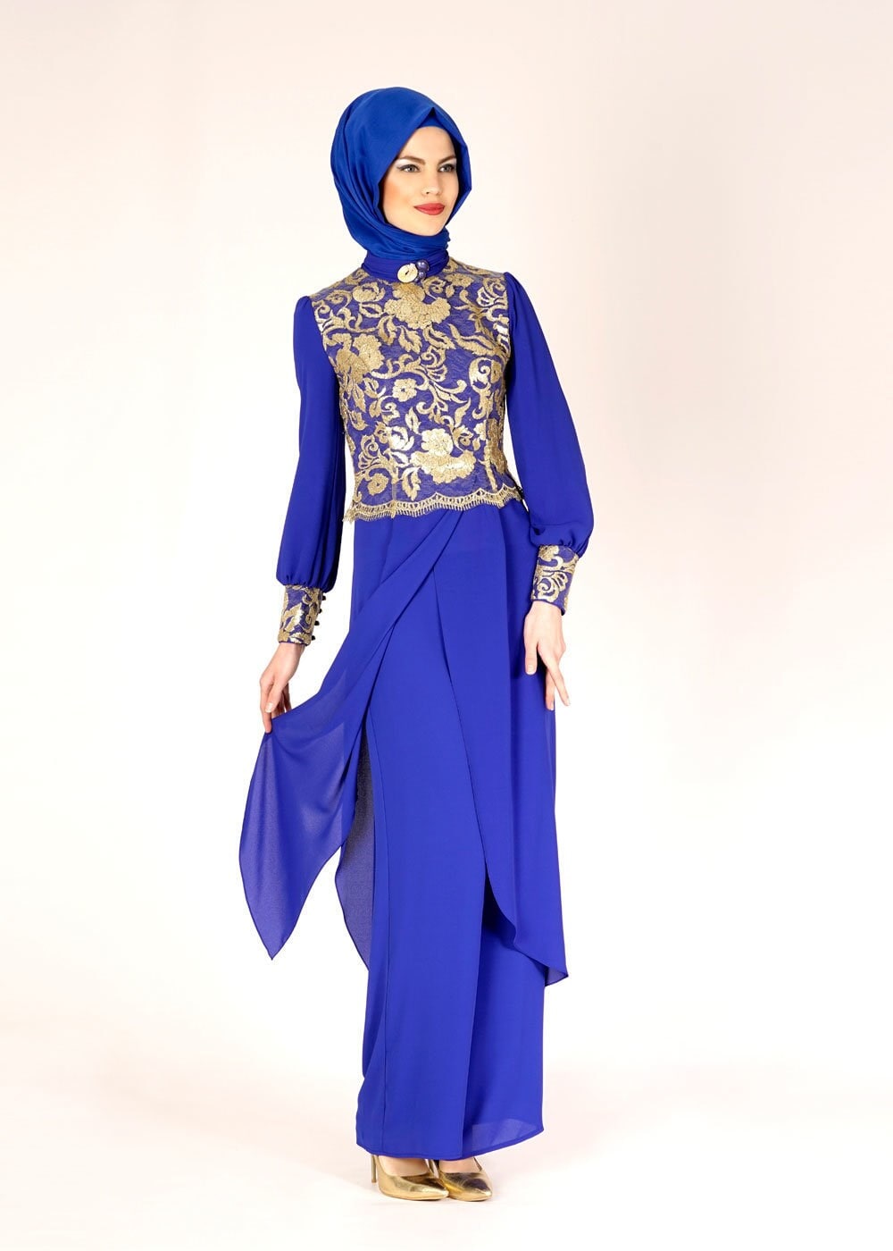Tesettür giyim LACİVERT İŞLEMELİ PANTOLONLU ABİYE TAKIM 5076