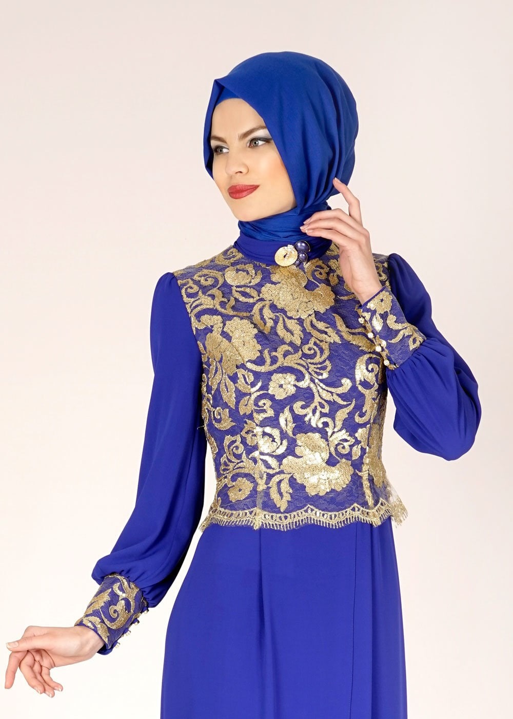 Tesettür giyim LACİVERT İŞLEMELİ PANTOLONLU ABİYE TAKIM 5076