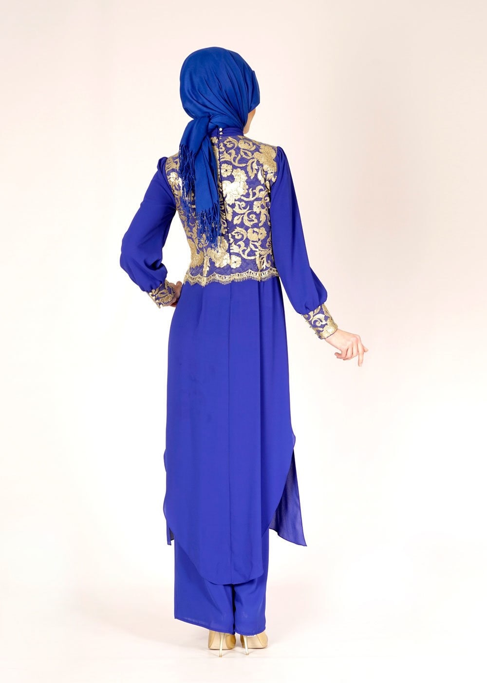 Tesettür giyim LACİVERT İŞLEMELİ PANTOLONLU ABİYE TAKIM 5076