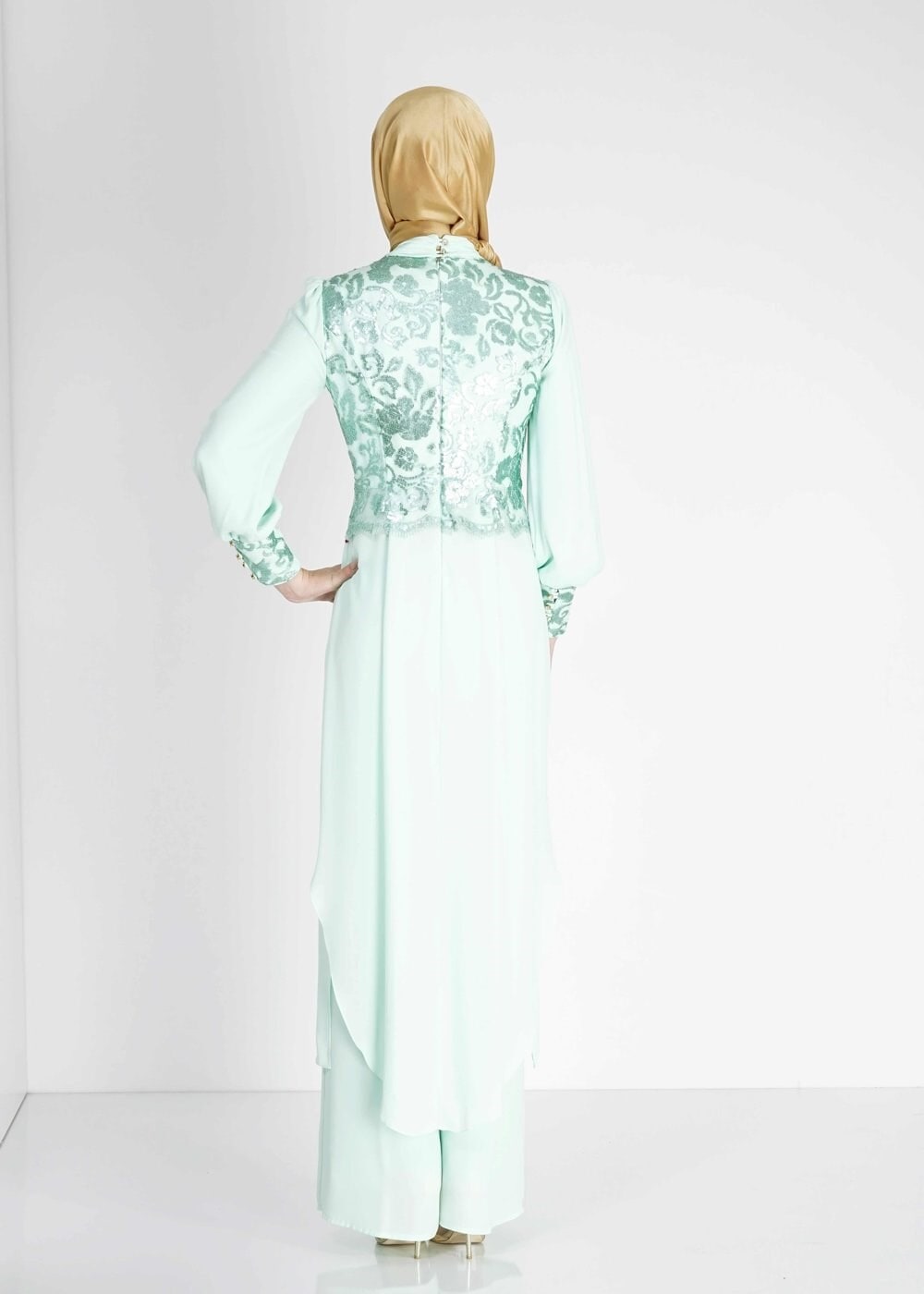 Tesettür giyim MAVİ İŞLEMELİ PANTOLONLU ABİYE TAKIM 5076