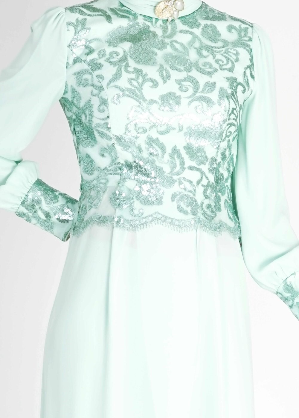 Tesettür giyim MAVİ İŞLEMELİ PANTOLONLU ABİYE TAKIM 5076