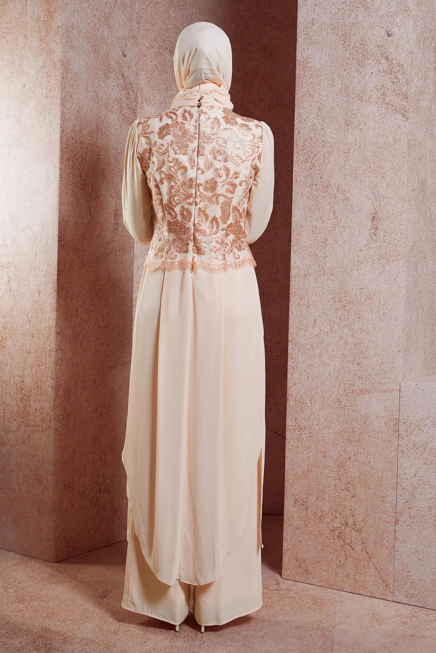 Tesettür giyim EKRU İŞLEMELİ PANTOLONLU ABİYE TAKIM 5076