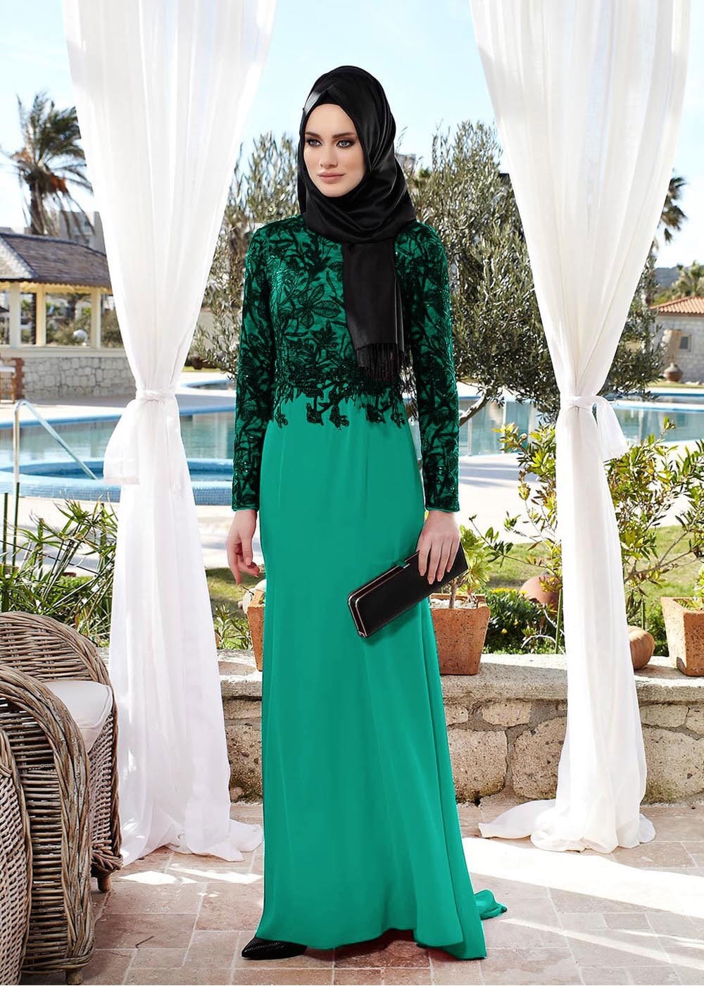 Tesettür giyim MAVİ DANTEL DETAYLI ABİYE ELBİSE 5077