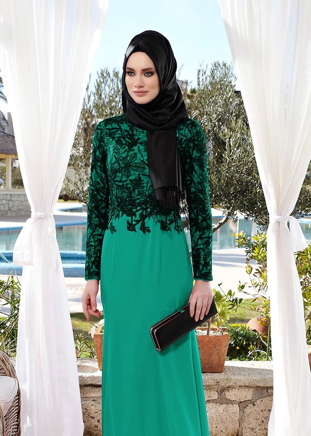 Tesettür giyim MAVİ DANTEL DETAYLI ABİYE ELBİSE 5077