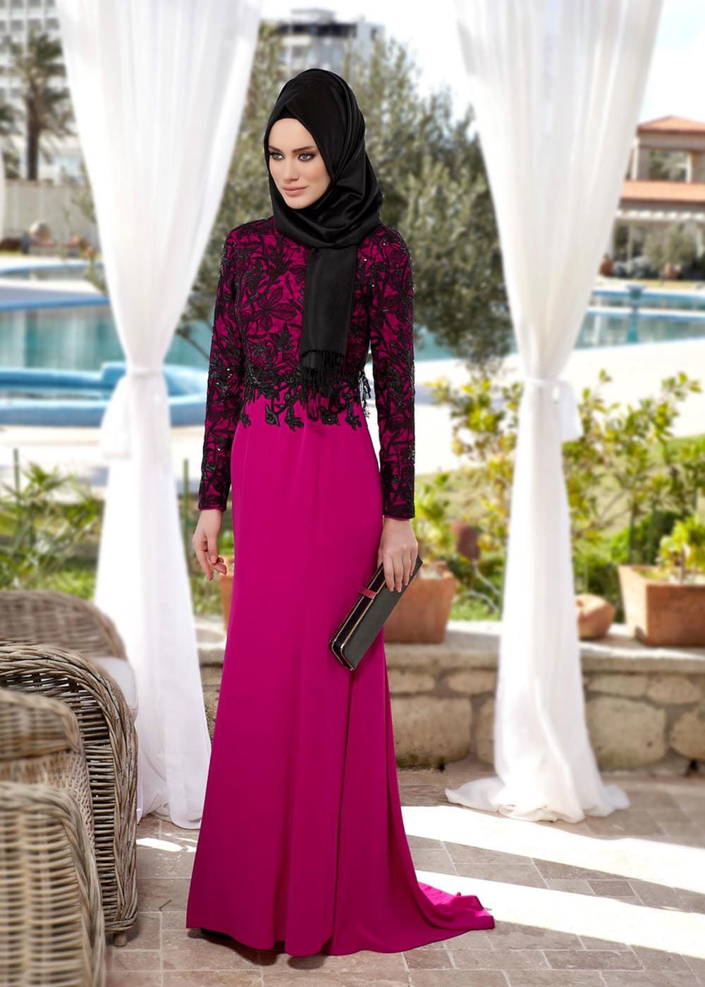 Tesettür giyim FUŞYA DANTEL DETAYLI ABİYE ELBİSE 5077