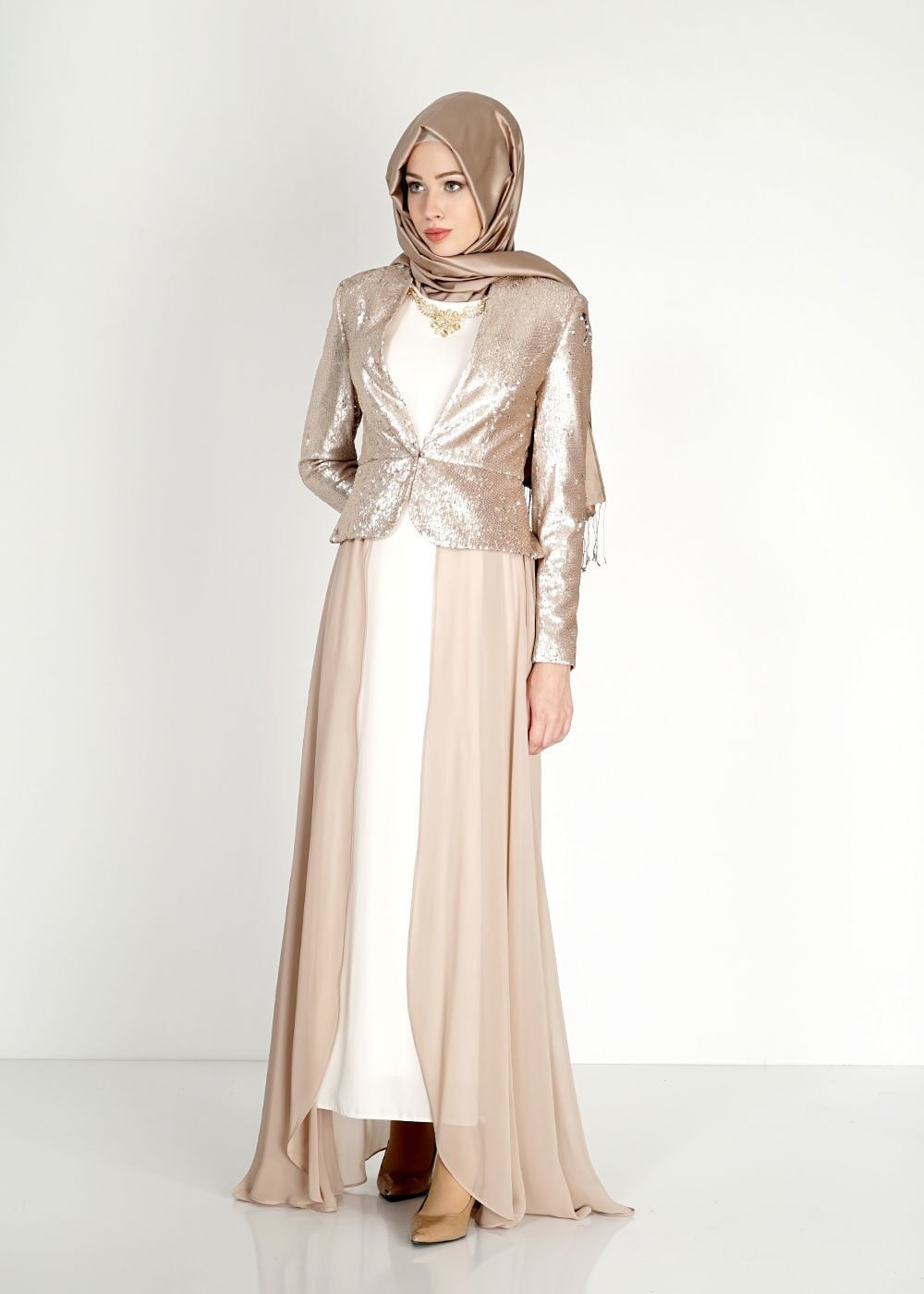 Tesettür giyim BEJ PUL PAYETLİ ABİYE ELBİSE 5078