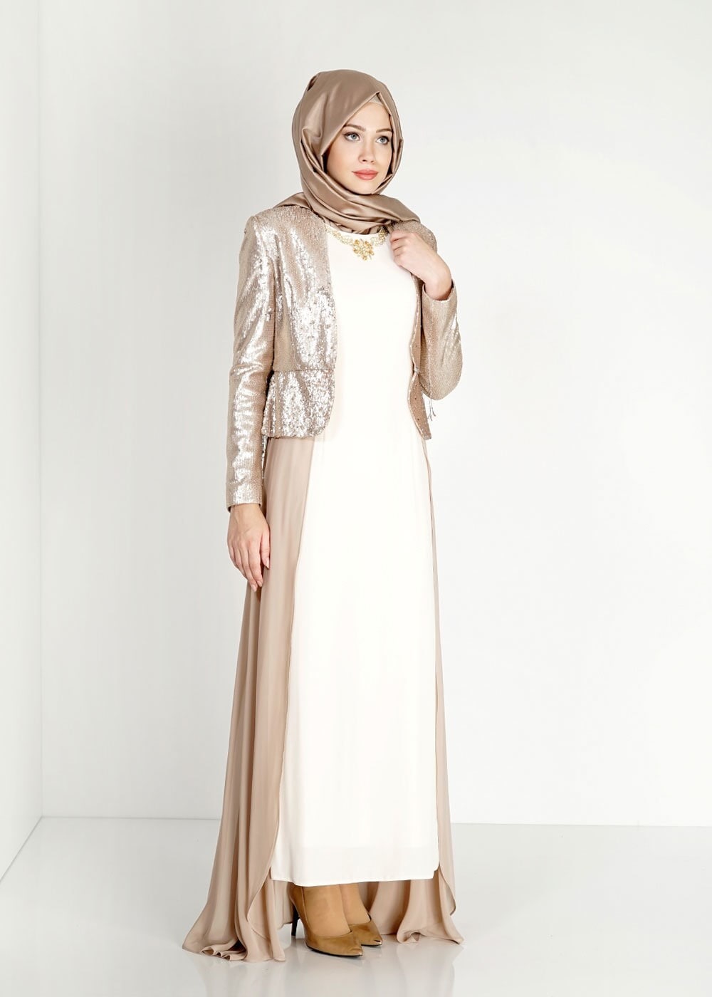 Tesettür giyim BEJ PUL PAYETLİ ABİYE ELBİSE 5078