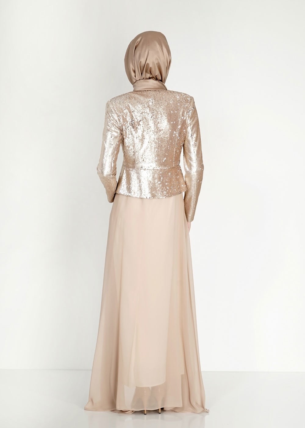 Tesettür giyim BEJ PUL PAYETLİ ABİYE ELBİSE 5078