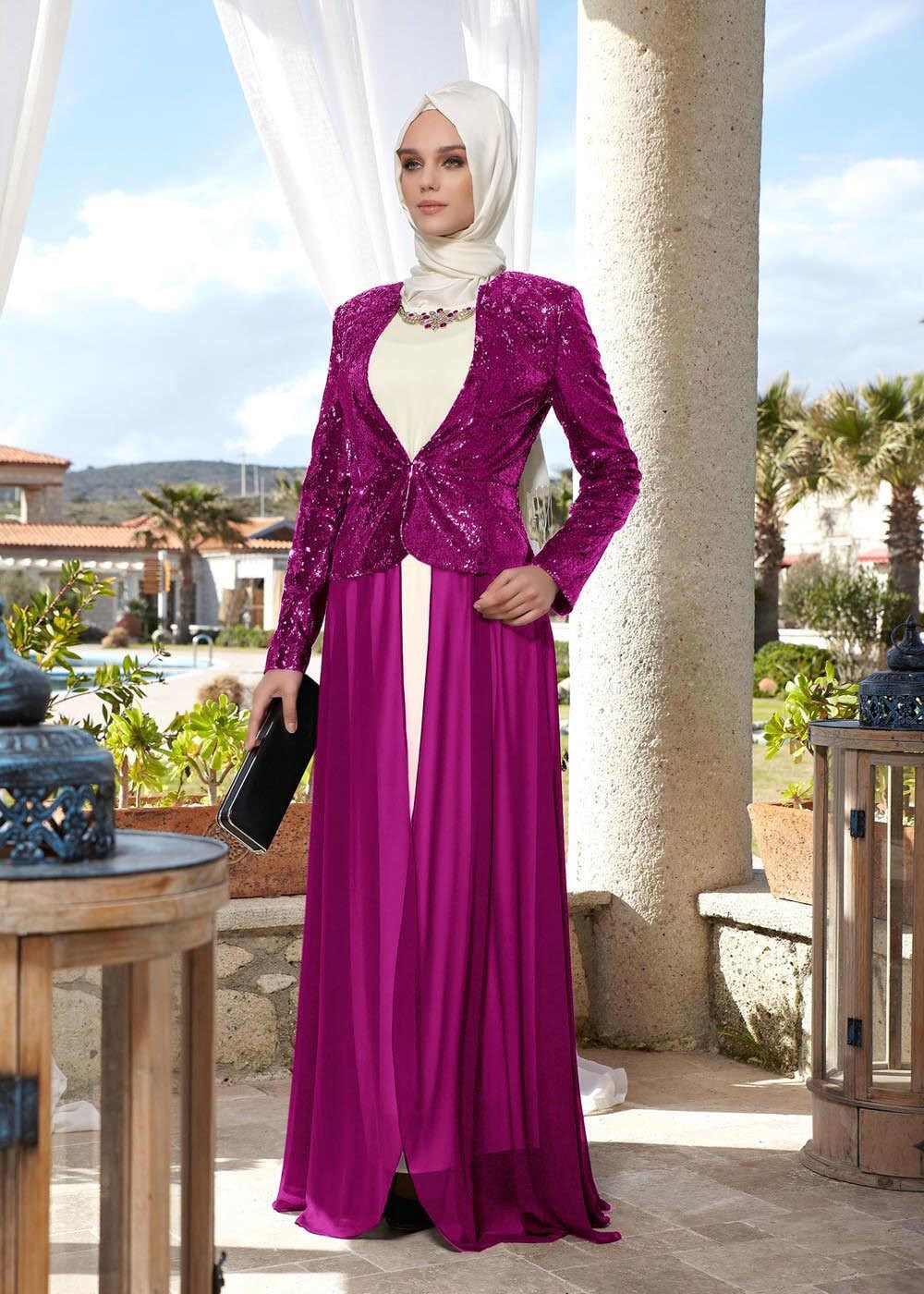 Tesettür giyim FUŞYA PUL PAYETLİ ABİYE ELBİSE 5078