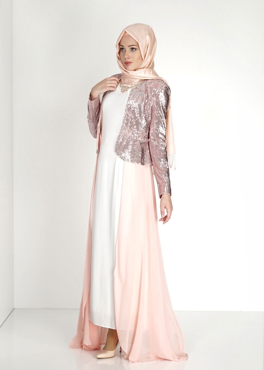 Tesettür giyim PUDRA PUL PAYETLİ ABİYE ELBİSE 5078