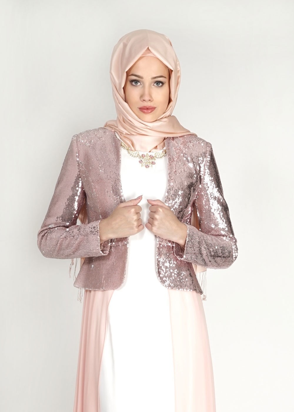 Tesettür giyim PUDRA PUL PAYETLİ ABİYE ELBİSE 5078