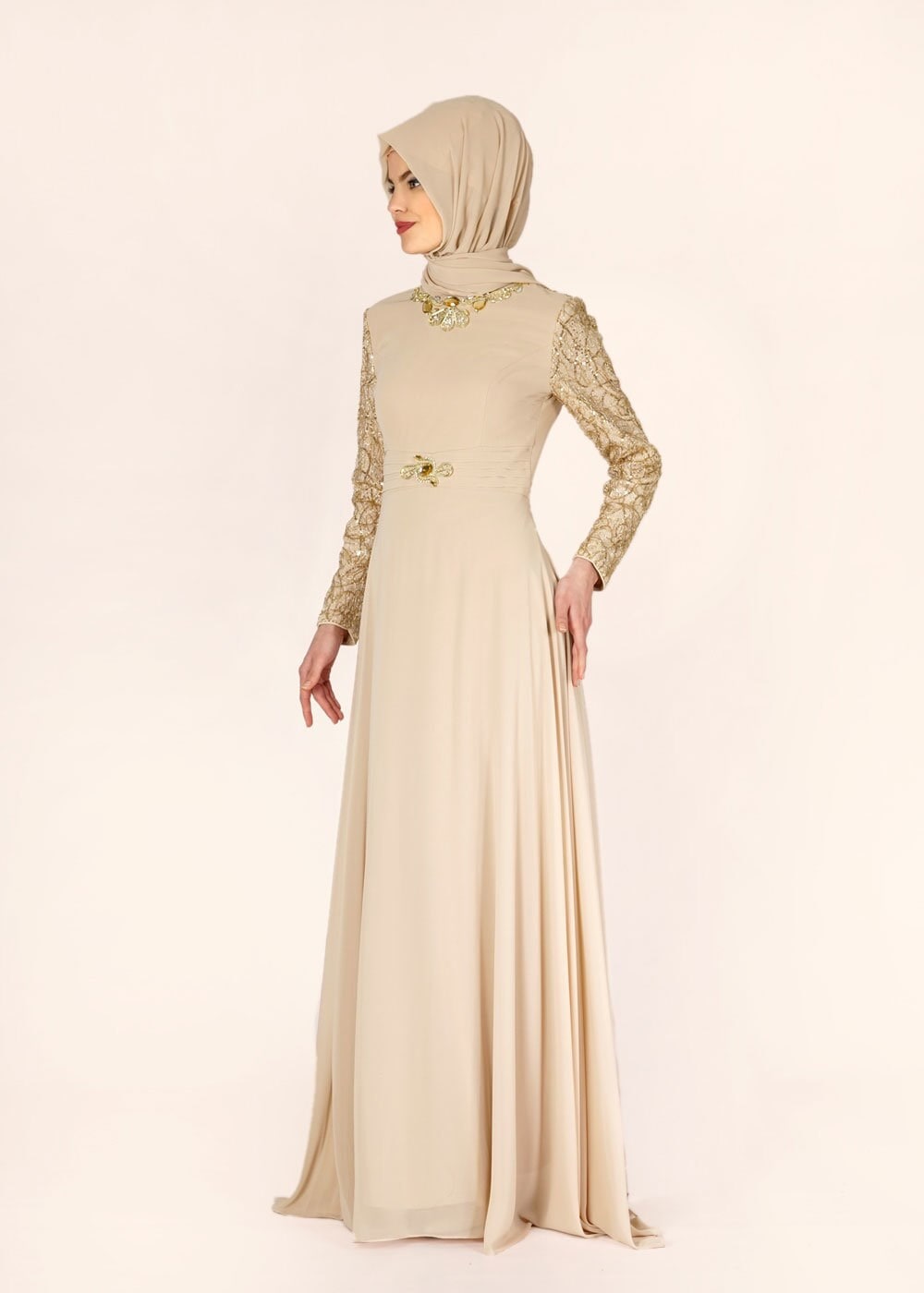 Tesettür giyim BEJ PUL PAYET İŞLEMELİ ŞİFON ABİYE ELBİSE 5080