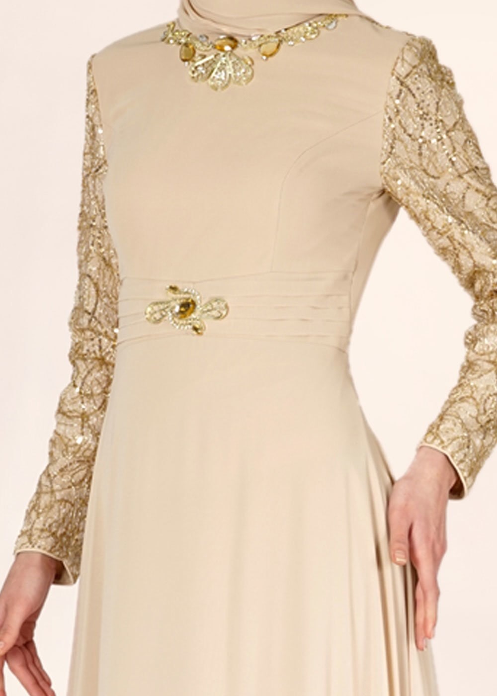 Tesettür giyim BEJ PUL PAYET İŞLEMELİ ŞİFON ABİYE ELBİSE 5080