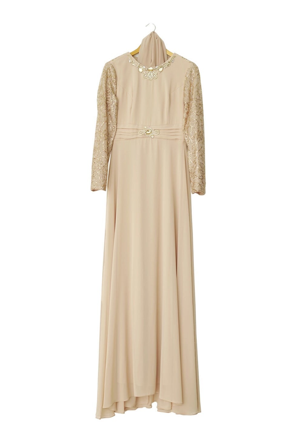 Tesettür giyim BEJ PUL PAYET İŞLEMELİ ŞİFON ABİYE ELBİSE 5080