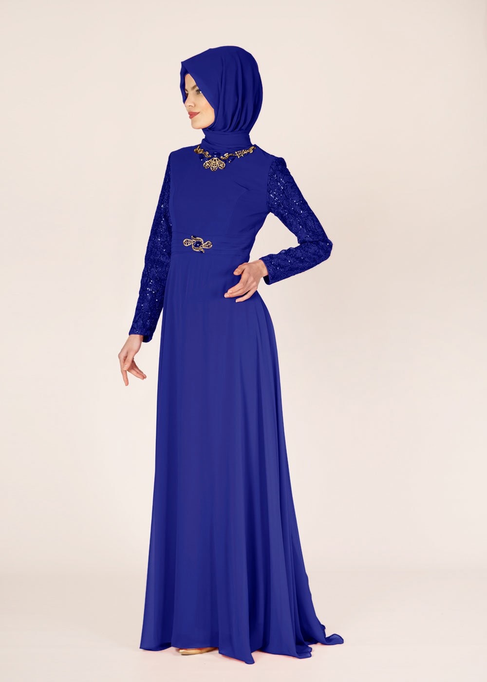Tesettür giyim LACİVERT PUL PAYET İŞLEMELİ ŞİFON ABİYE ELBİSE 5080
