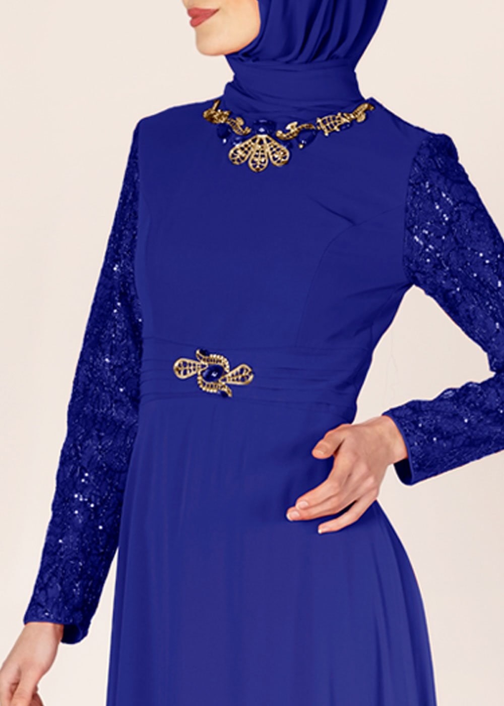 Tesettür giyim LACİVERT PUL PAYET İŞLEMELİ ŞİFON ABİYE ELBİSE 5080