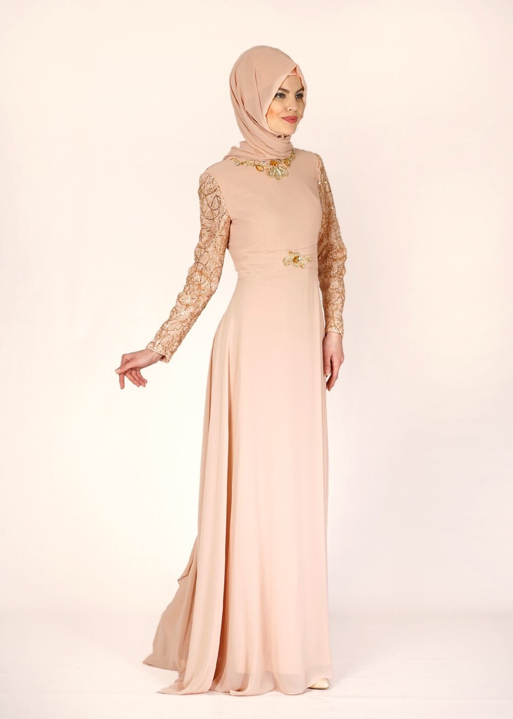 Tesettür giyim PUDRA PUL PAYET İŞLEMELİ ŞİFON ABİYE ELBİSE 5080
