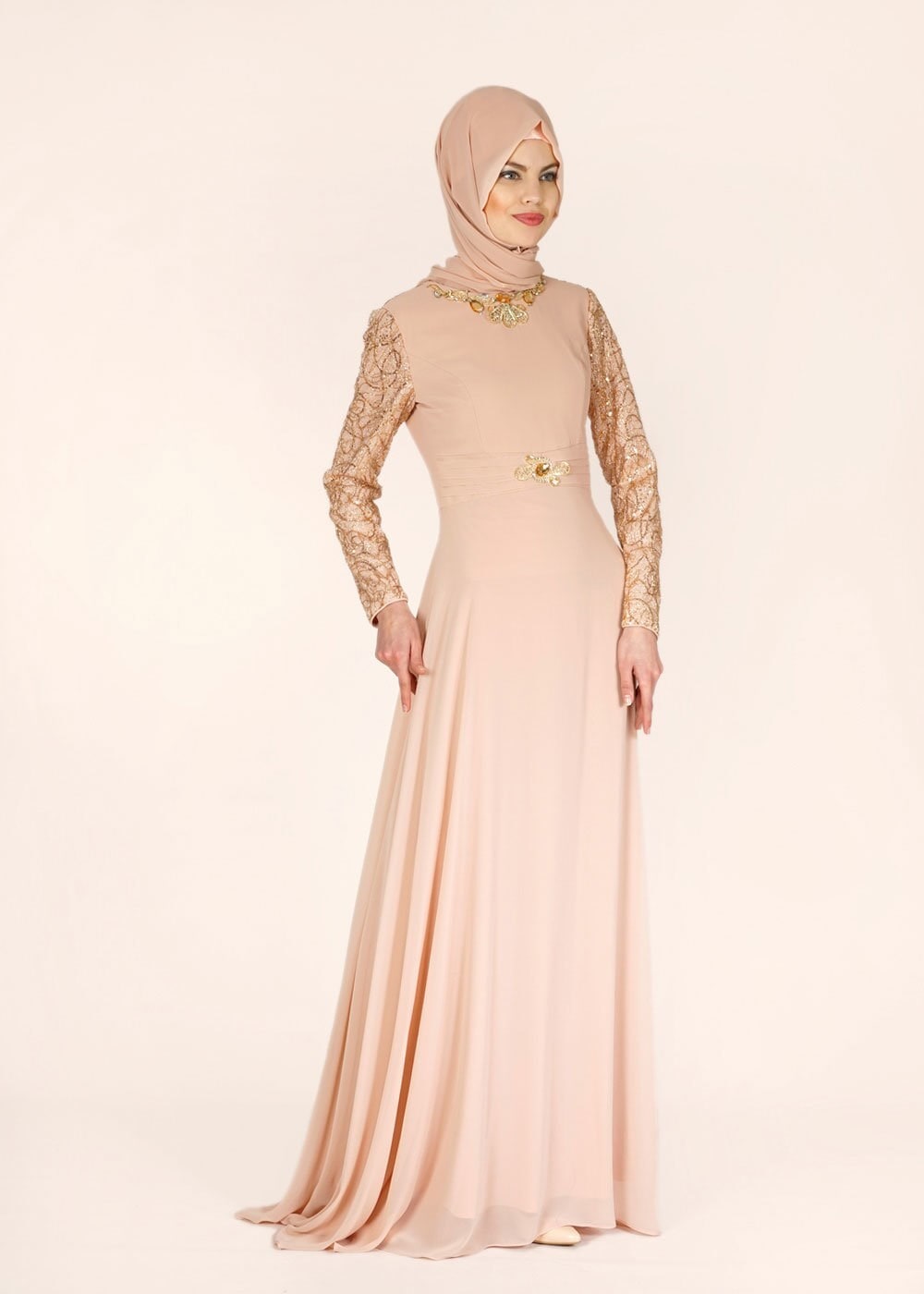 Tesettür giyim PUDRA PUL PAYET İŞLEMELİ ŞİFON ABİYE ELBİSE 5080