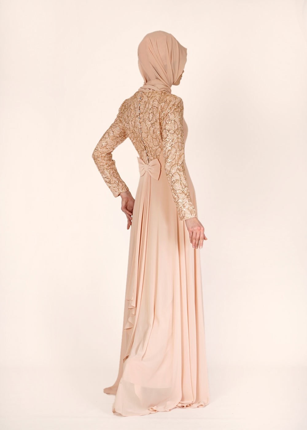 Tesettür giyim PUDRA PUL PAYET İŞLEMELİ ŞİFON ABİYE ELBİSE 5080