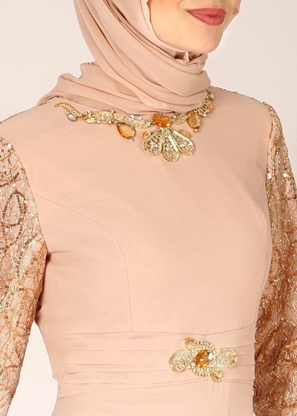 Tesettür giyim PUDRA PUL PAYET İŞLEMELİ ŞİFON ABİYE ELBİSE 5080