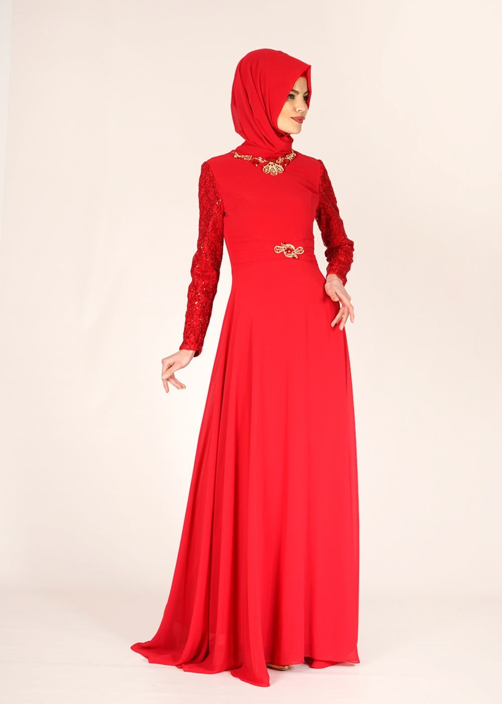 Tesettür giyim BORDO PUL PAYET İŞLEMELİ ŞİFON ABİYE ELBİSE 5080