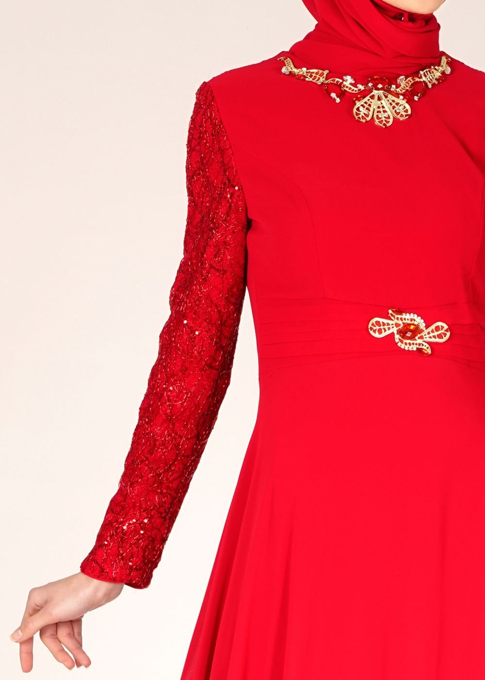 Tesettür giyim BORDO PUL PAYET İŞLEMELİ ŞİFON ABİYE ELBİSE 5080