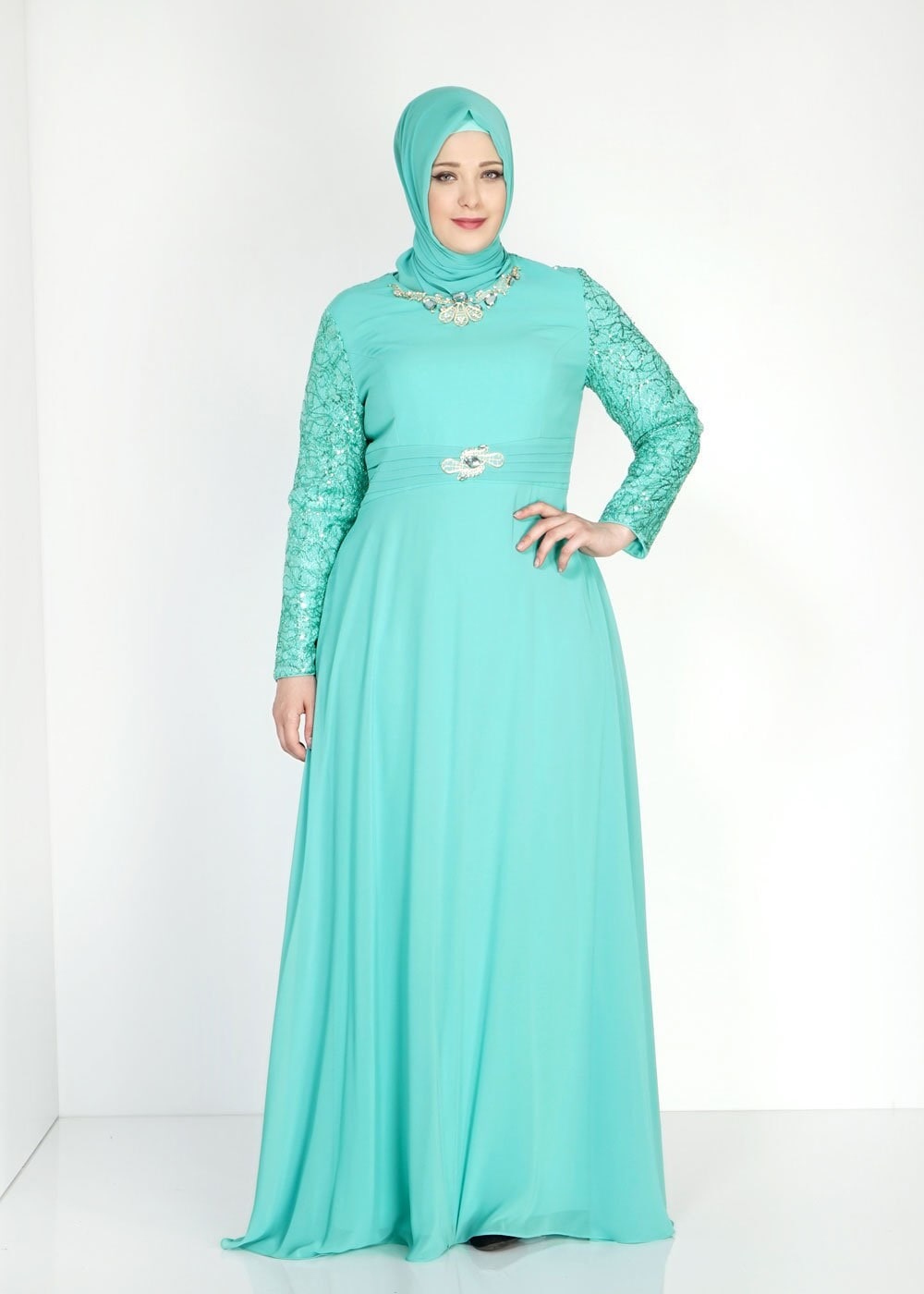Tesettür giyim YEŞİL 5081 New Multi Şifon Tesettür Abiye