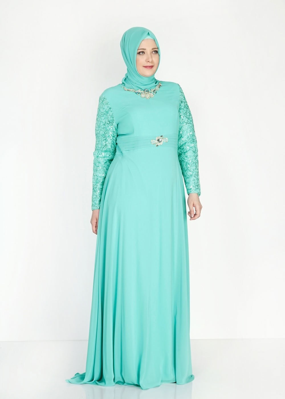 Tesettür giyim YEŞİL 5081 New Multi Şifon Tesettür Abiye