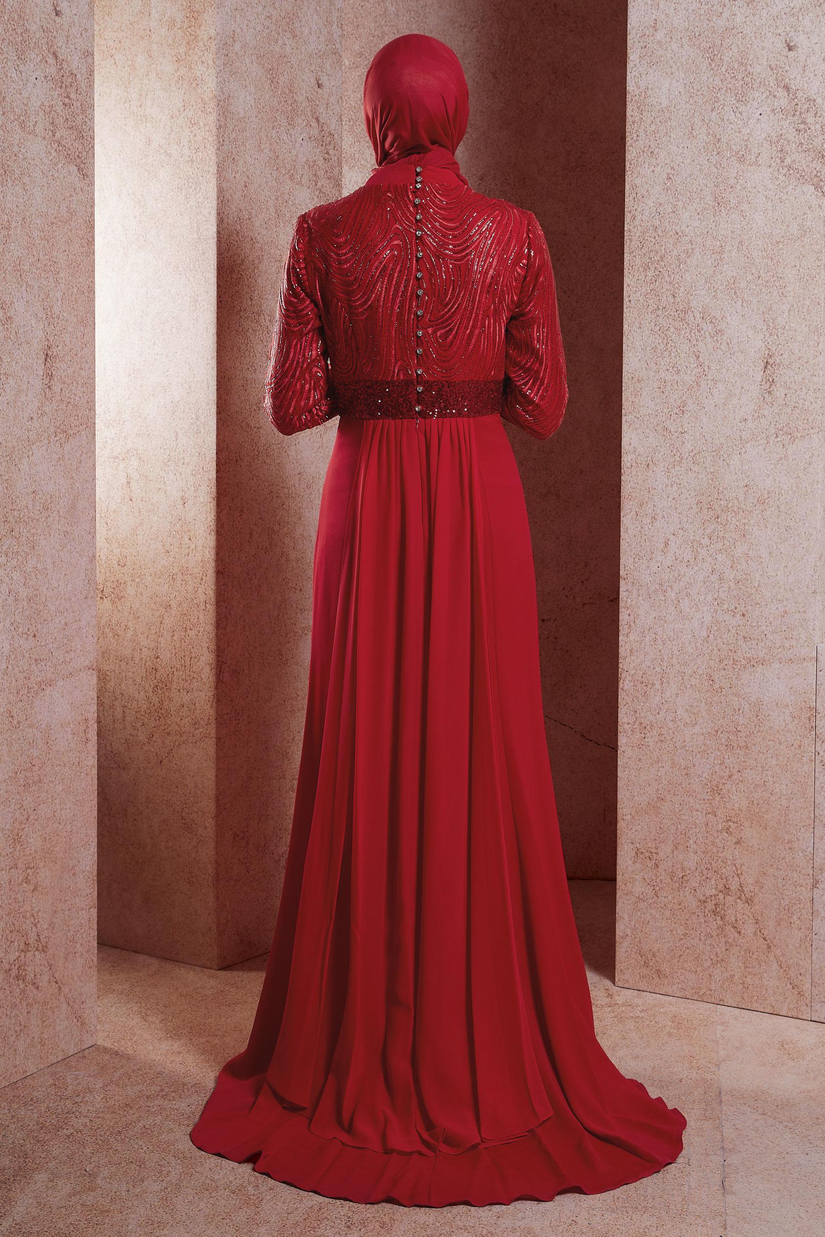 Tesettür giyim KIRMIZI PUL PAYETLİ TAŞ DÜĞME DETAYLI ABİYE ELBİSE 5083