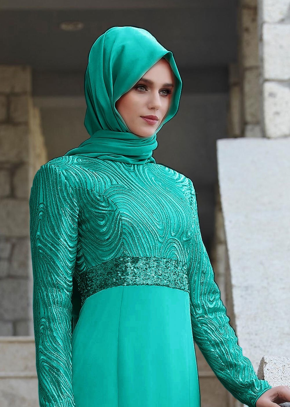 Tesettür giyim MAVİ PUL PAYETLİ TAŞ DÜĞME DETAYLI ABİYE ELBİSE 5083