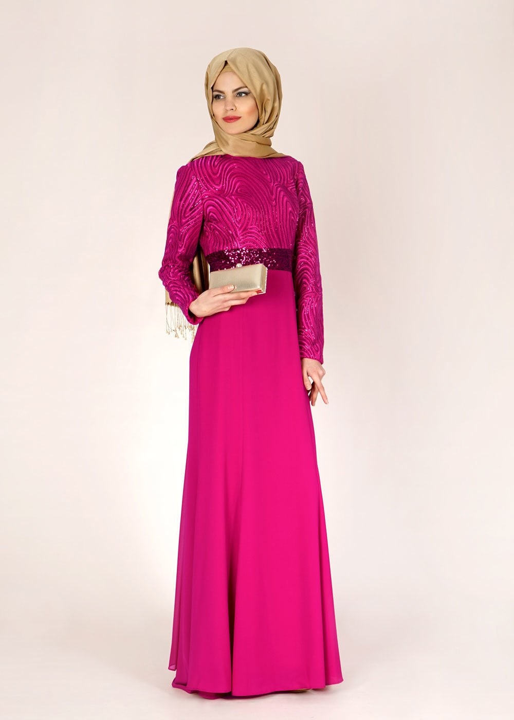 Tesettür giyim FUŞYA PUL PAYETLİ TAŞ DÜĞME DETAYLI ABİYE ELBİSE 5083