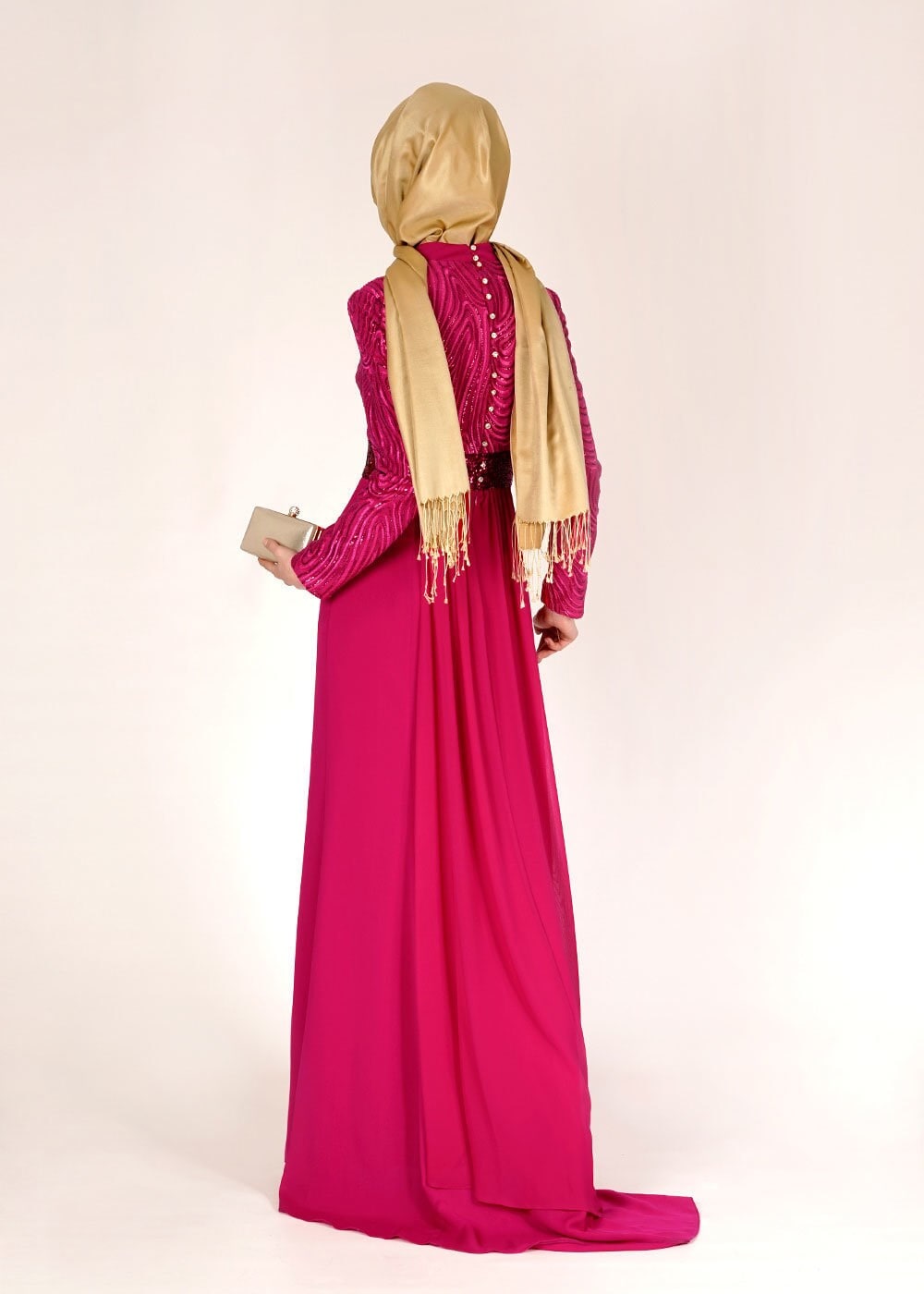 Tesettür giyim FUŞYA PUL PAYETLİ TAŞ DÜĞME DETAYLI ABİYE ELBİSE 5083