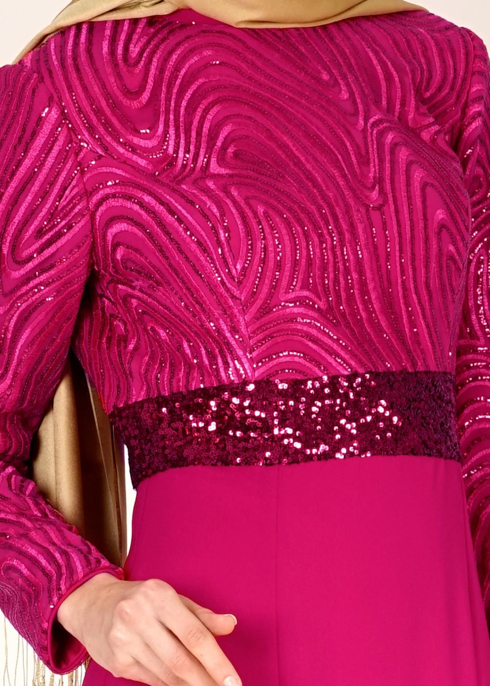 Tesettür giyim FUŞYA PUL PAYETLİ TAŞ DÜĞME DETAYLI ABİYE ELBİSE 5083