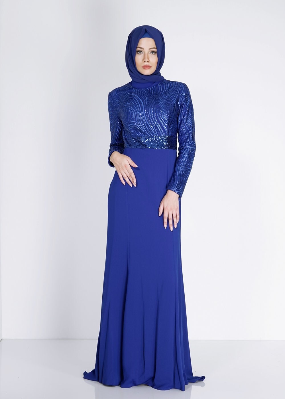 Tesettür giyim LACİVERT PUL PAYETLİ TAŞ DÜĞME DETAYLI ABİYE ELBİSE 5083