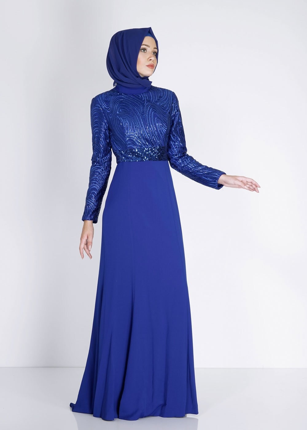 Tesettür giyim LACİVERT PUL PAYETLİ TAŞ DÜĞME DETAYLI ABİYE ELBİSE 5083
