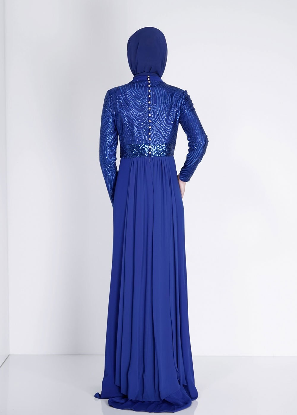 Tesettür giyim LACİVERT PUL PAYETLİ TAŞ DÜĞME DETAYLI ABİYE ELBİSE 5083