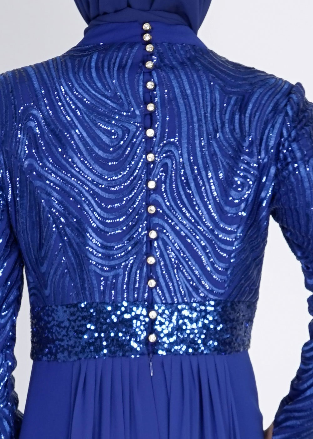 Tesettür giyim LACİVERT PUL PAYETLİ TAŞ DÜĞME DETAYLI ABİYE ELBİSE 5083