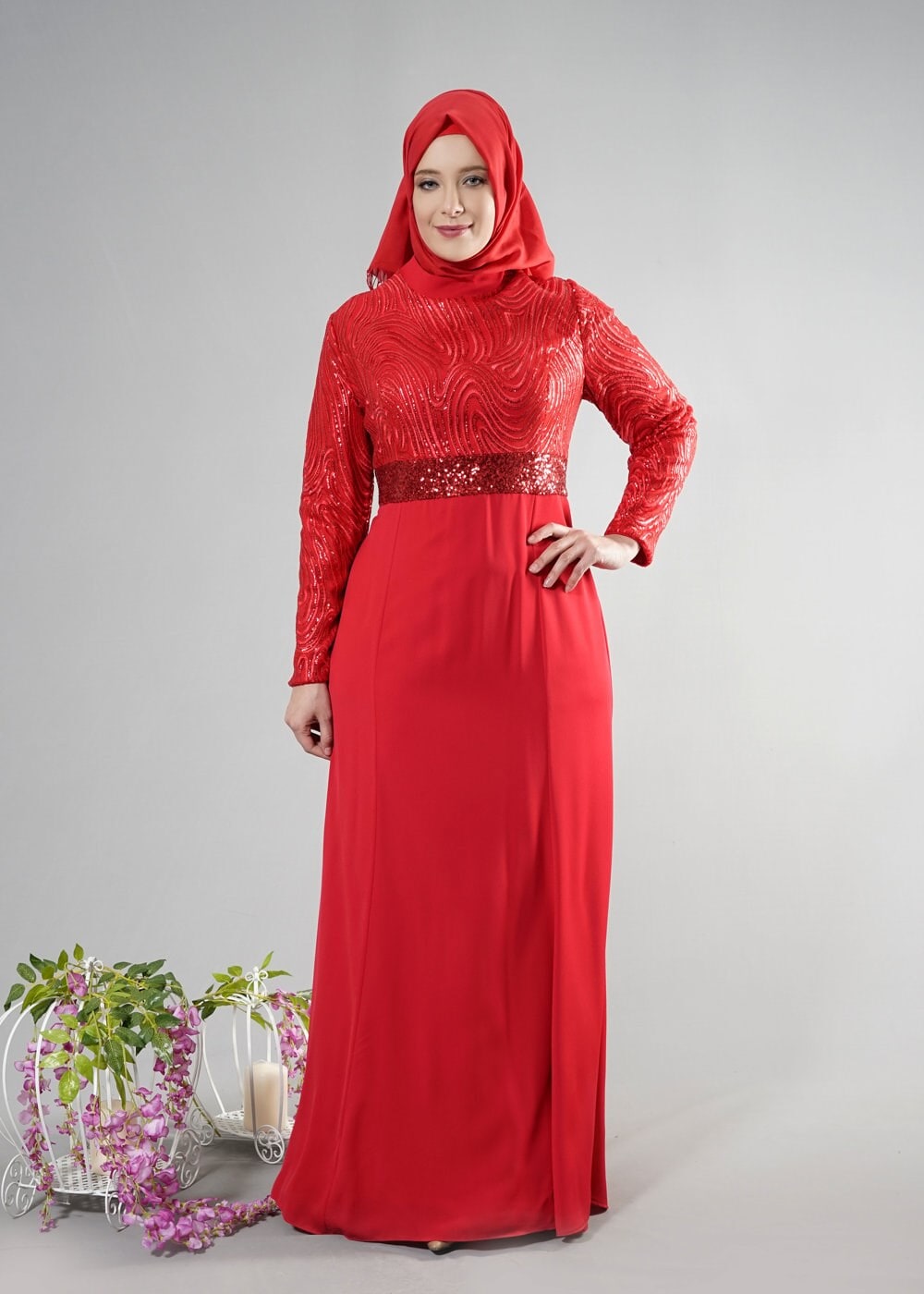 Tesettür giyim KIRMIZI PUL PAYETLİ ABİYE ELBİSE 5084