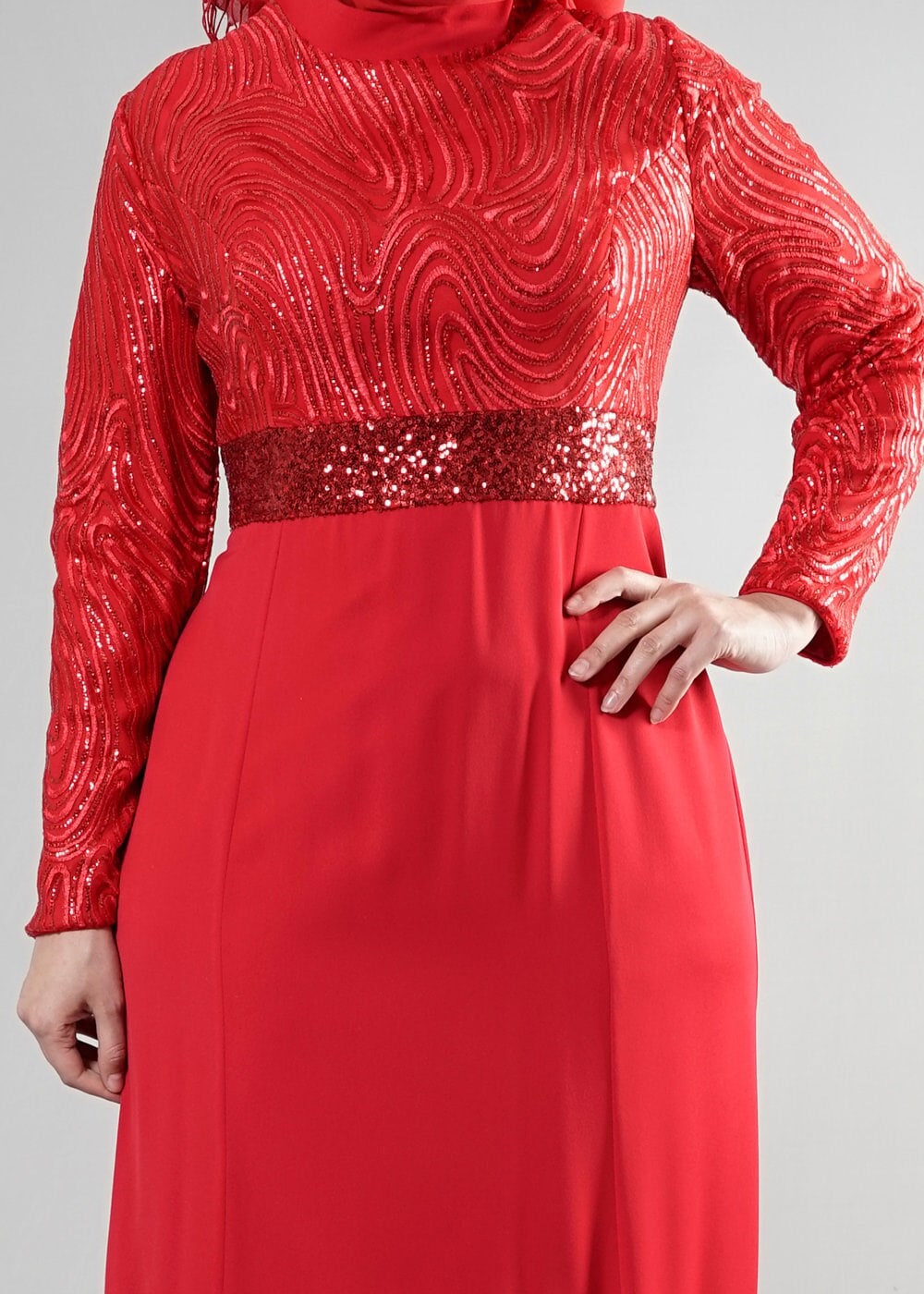 Tesettür giyim KIRMIZI PUL PAYETLİ ABİYE ELBİSE 5084