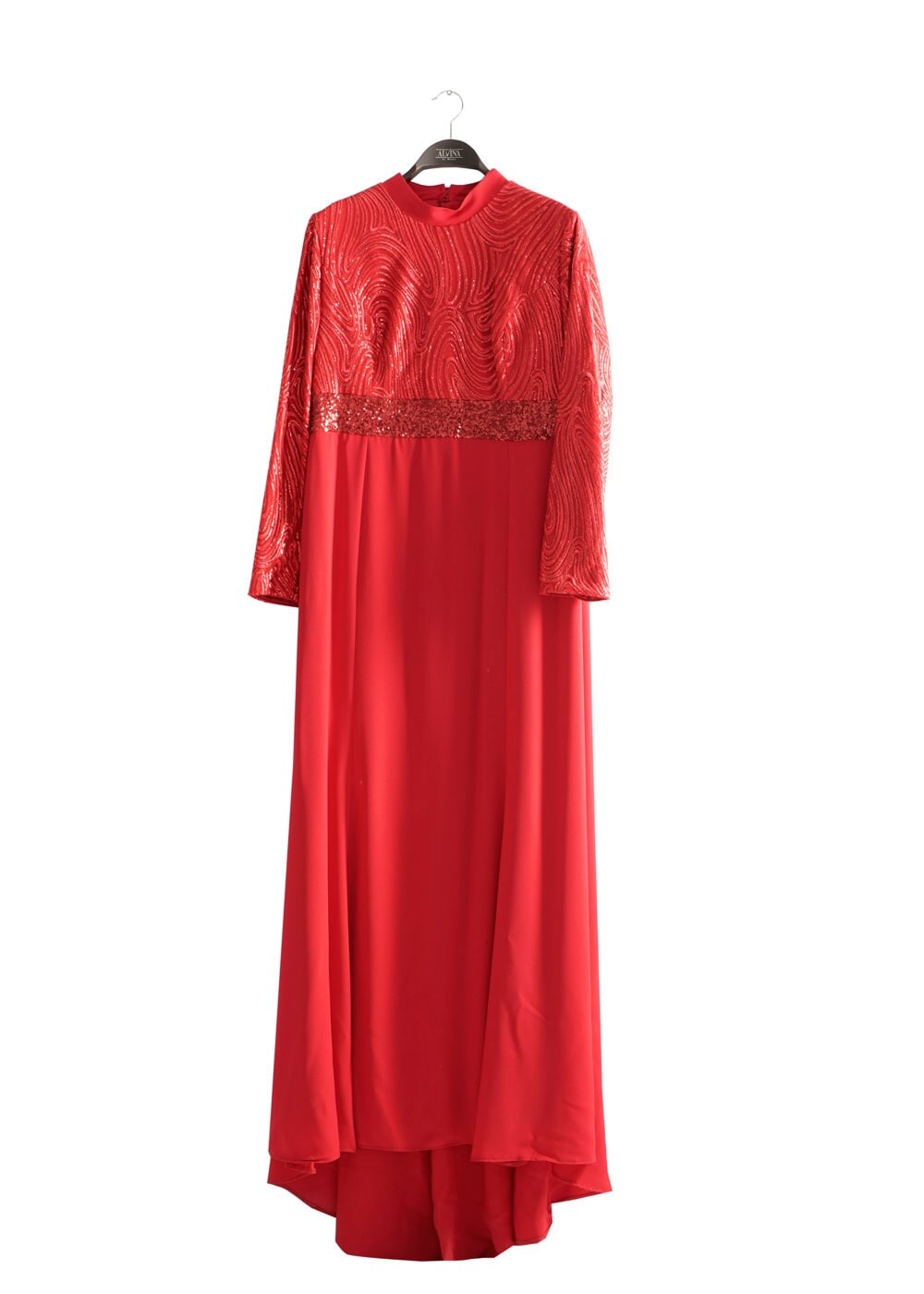 Tesettür giyim KIRMIZI PUL PAYETLİ ABİYE ELBİSE 5084