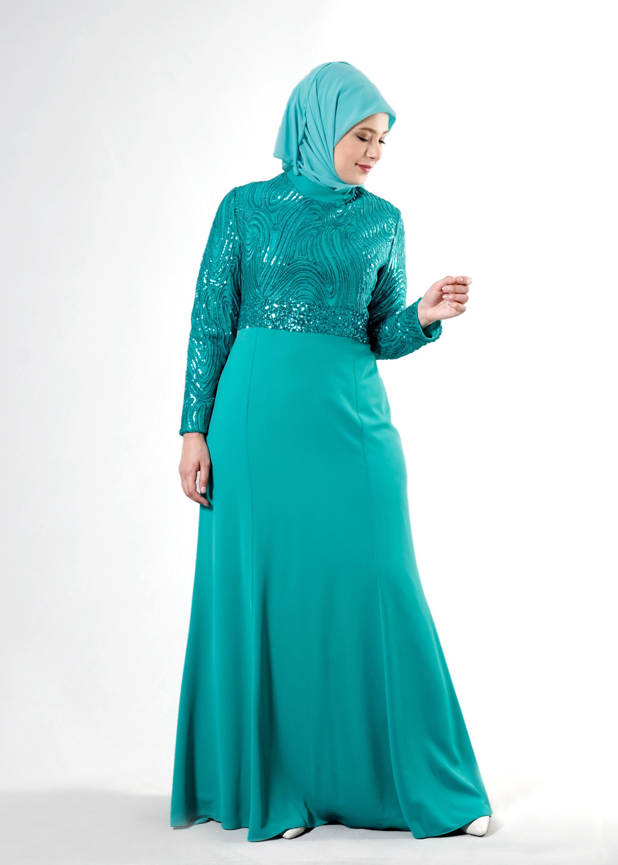 Tesettür giyim MAVİ PUL PAYETLİ ABİYE ELBİSE 5084