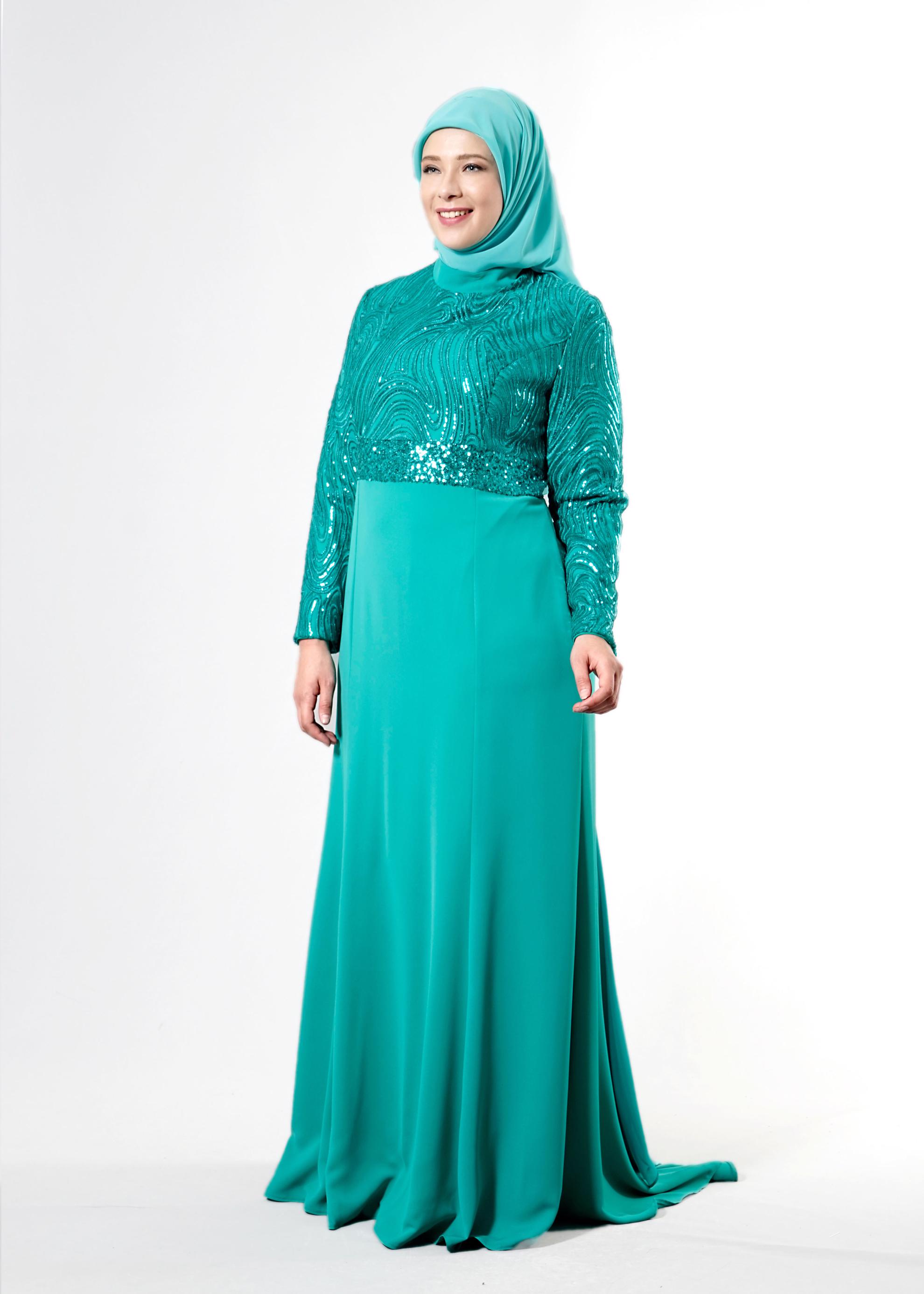 Tesettür giyim MAVİ PUL PAYETLİ ABİYE ELBİSE 5084