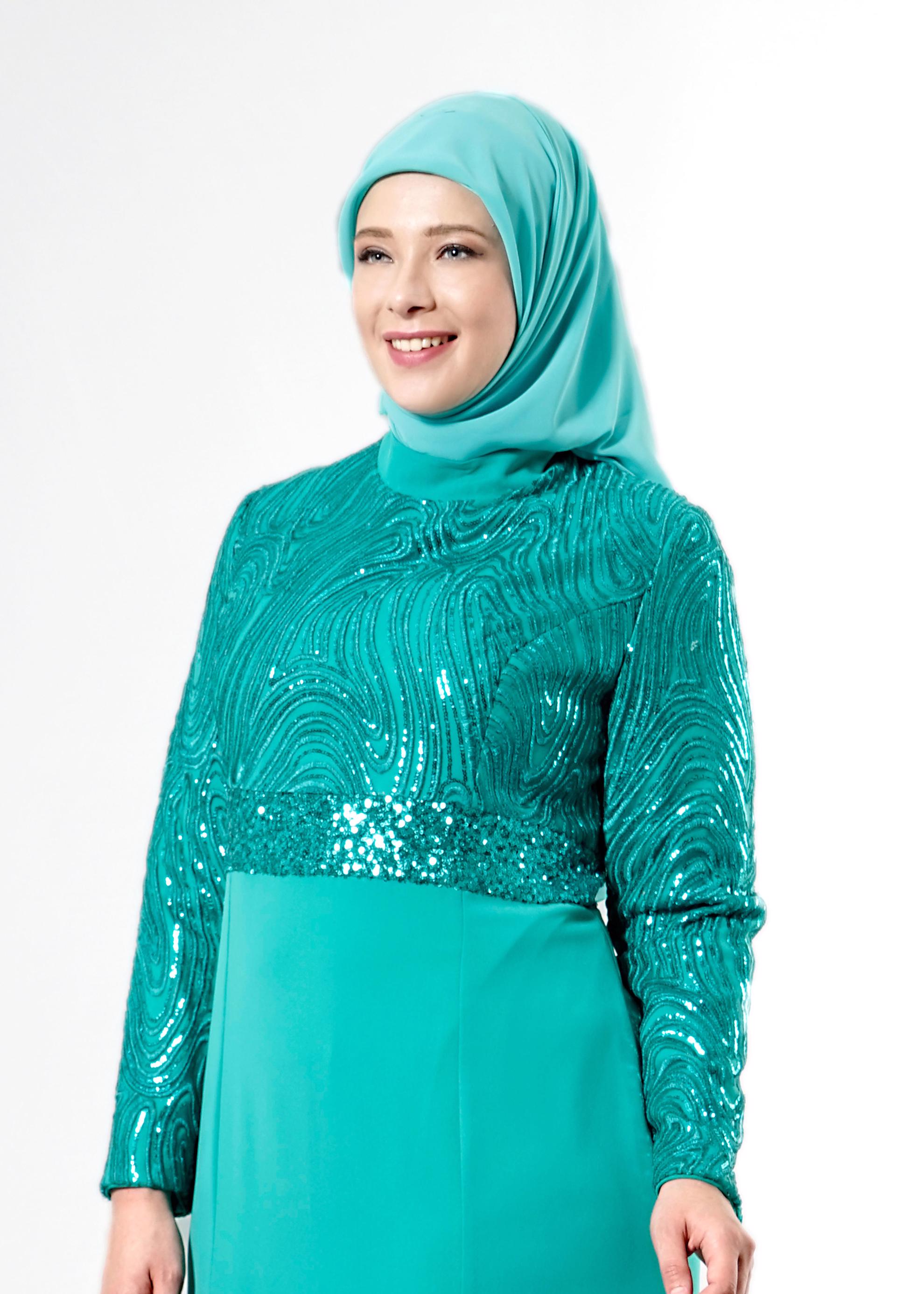 Tesettür giyim MAVİ PUL PAYETLİ ABİYE ELBİSE 5084