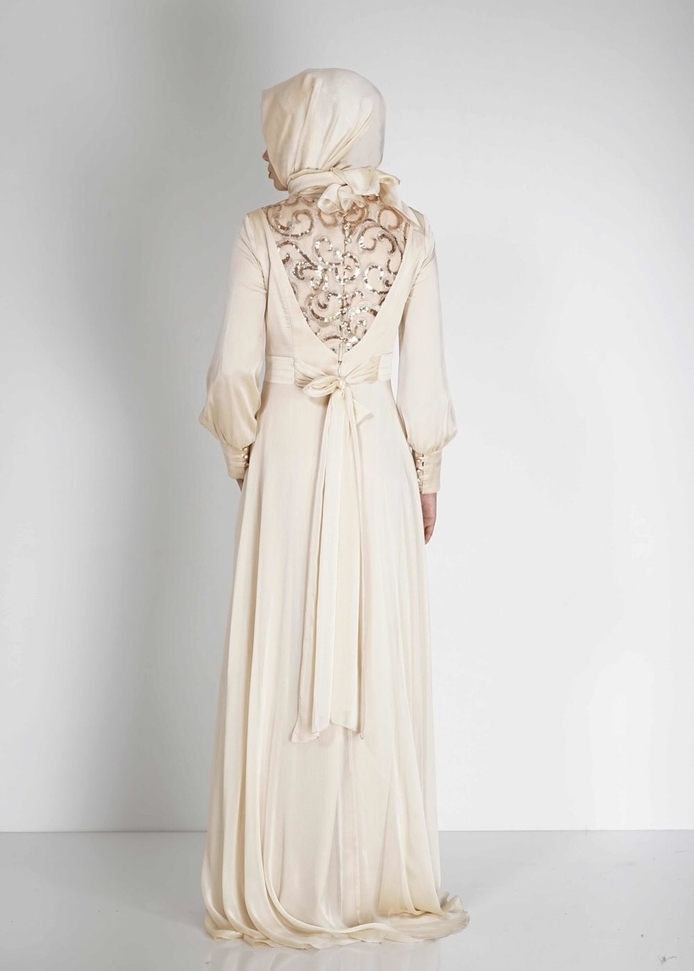 Tesettür giyim BEJ PUL PAYETLİ DÜĞME DETAYLI ŞİFON ABİYE ELBİSE 5086